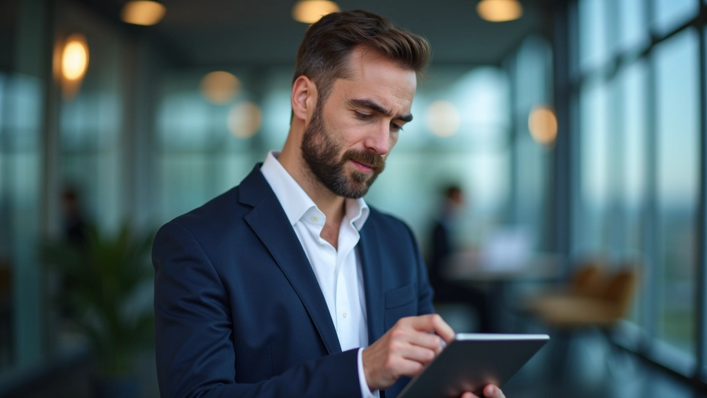 Moderne Büroumgebung mit Finanzfachmann, der Wirtschaftsdaten am Tablet analysiert und diskutiert