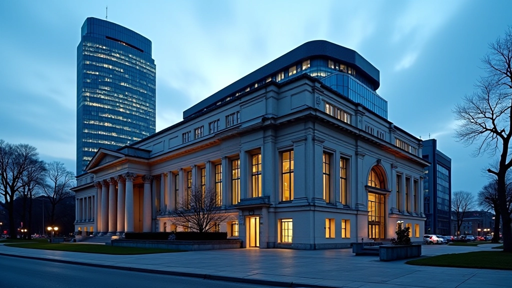 Europäische Zentralbank Gebäude in Frankfurt mit moderner Architektur und Lichtern