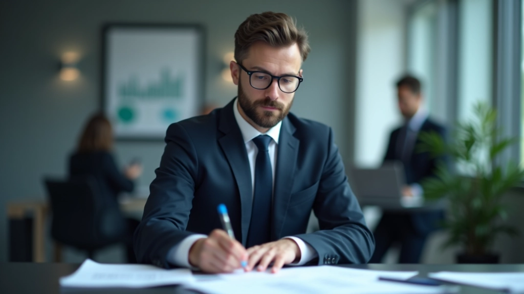 Finanzanalyst sitzt am Schreibtisch und studiert Geschäftsberichte und BIP-Statistiken