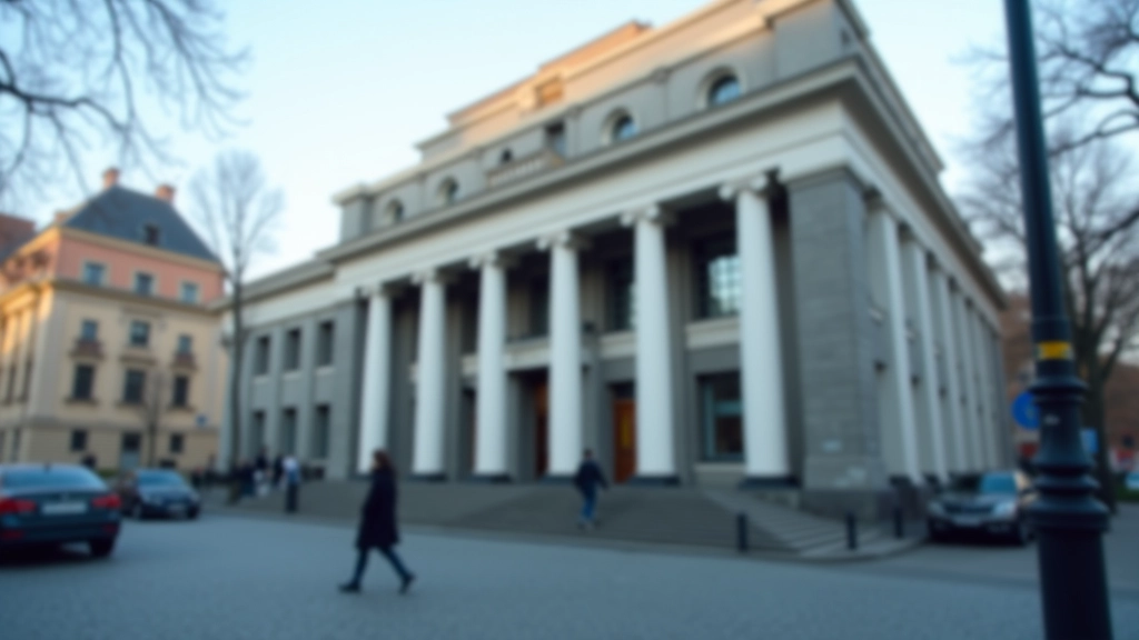 Zentralbank-Gebäude mit modernem Design und Finanzmarkttafel im Hintergrund