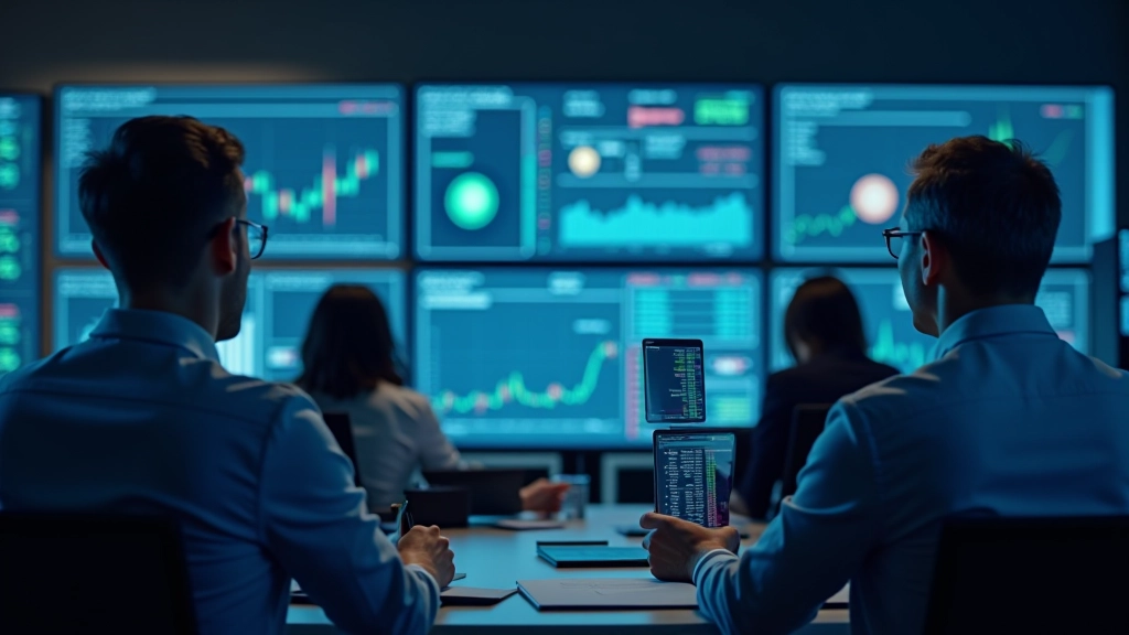 Modernes Analysezentrum mit Wirtschaftsdaten und Diagrammen auf Bildschirmen