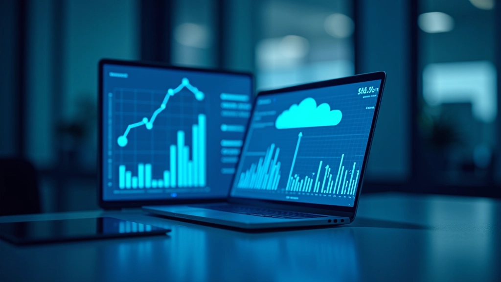 Illustration einer modernen Computerarbeit mit digitalen Tools, Cloud-Symbolen und Automatisierungselementen in Blautönen