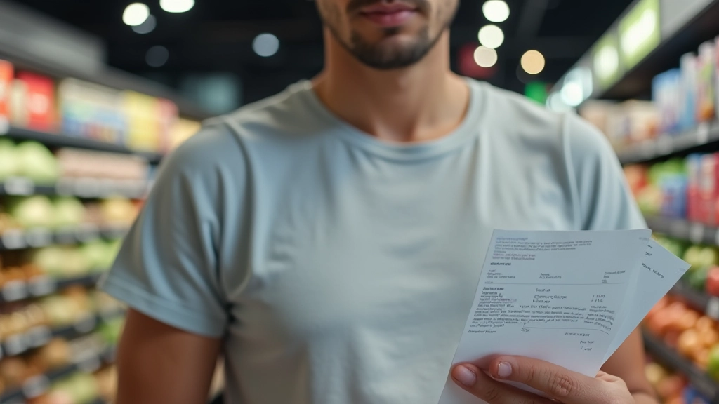 Person steht vor Supermarkt-Regal mit verschiedenen Produkten und schaut besorgt auf den Kassenbon in der Hand